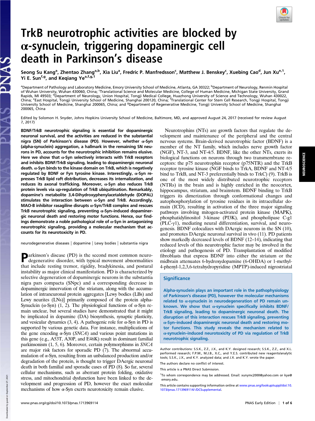 Trkb Neurotrophic Activities Are Blocked by Α-Synuclein, Triggering Dopaminergic Cell Death in Parkinson's Disease