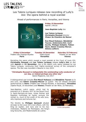 Les Talens Lyriques Release New Recording of Lully’S Isis: the Opera Behind a Royal Scandal