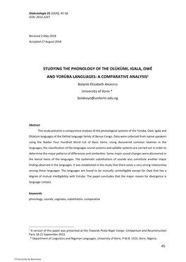Studying the Phonology of the Olùkùmi, Igala, Owé and Yorùba Languages: a Comparative Analysis1