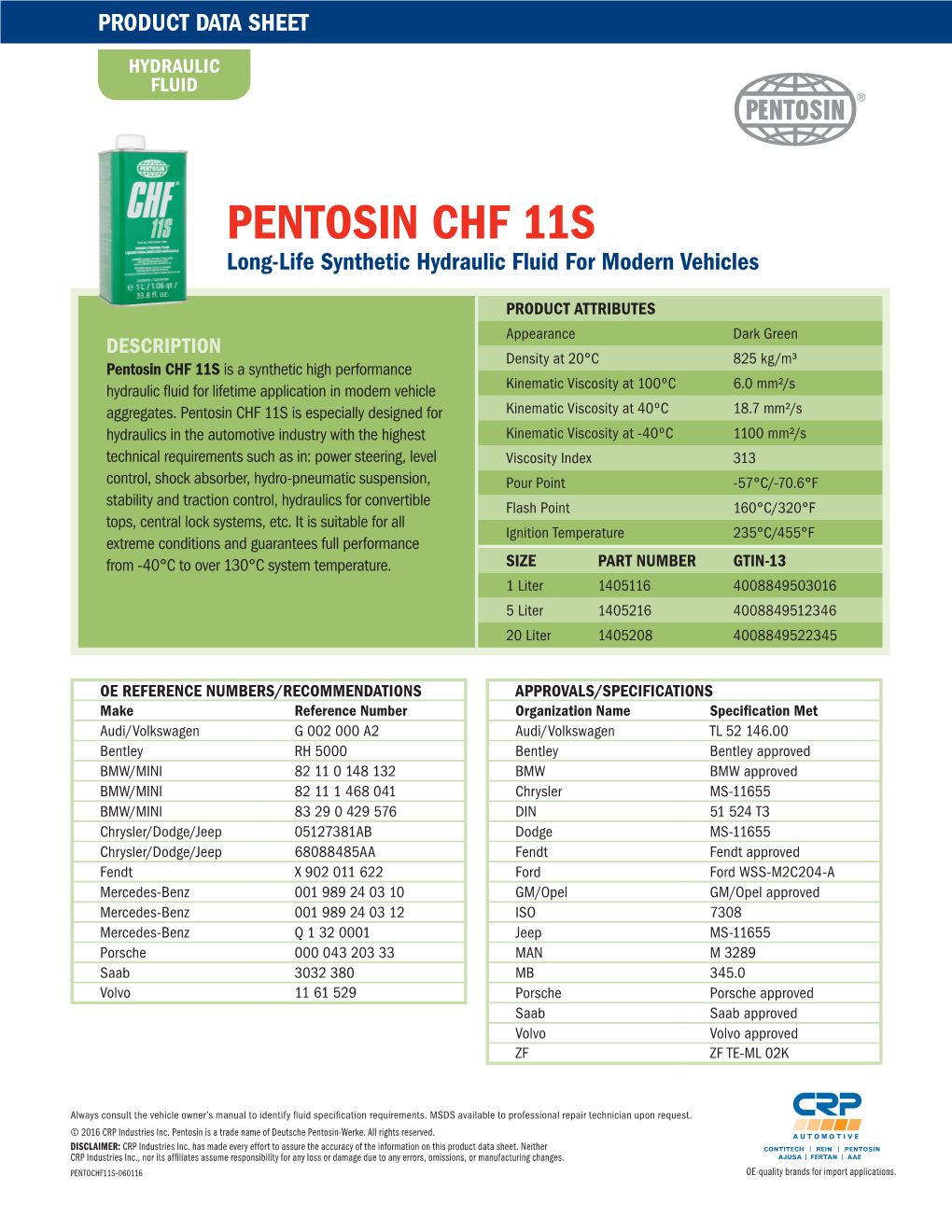 PENTOSIN CHF 11S Long-Life Synthetic Hydraulic Fluid for Modern Vehicles