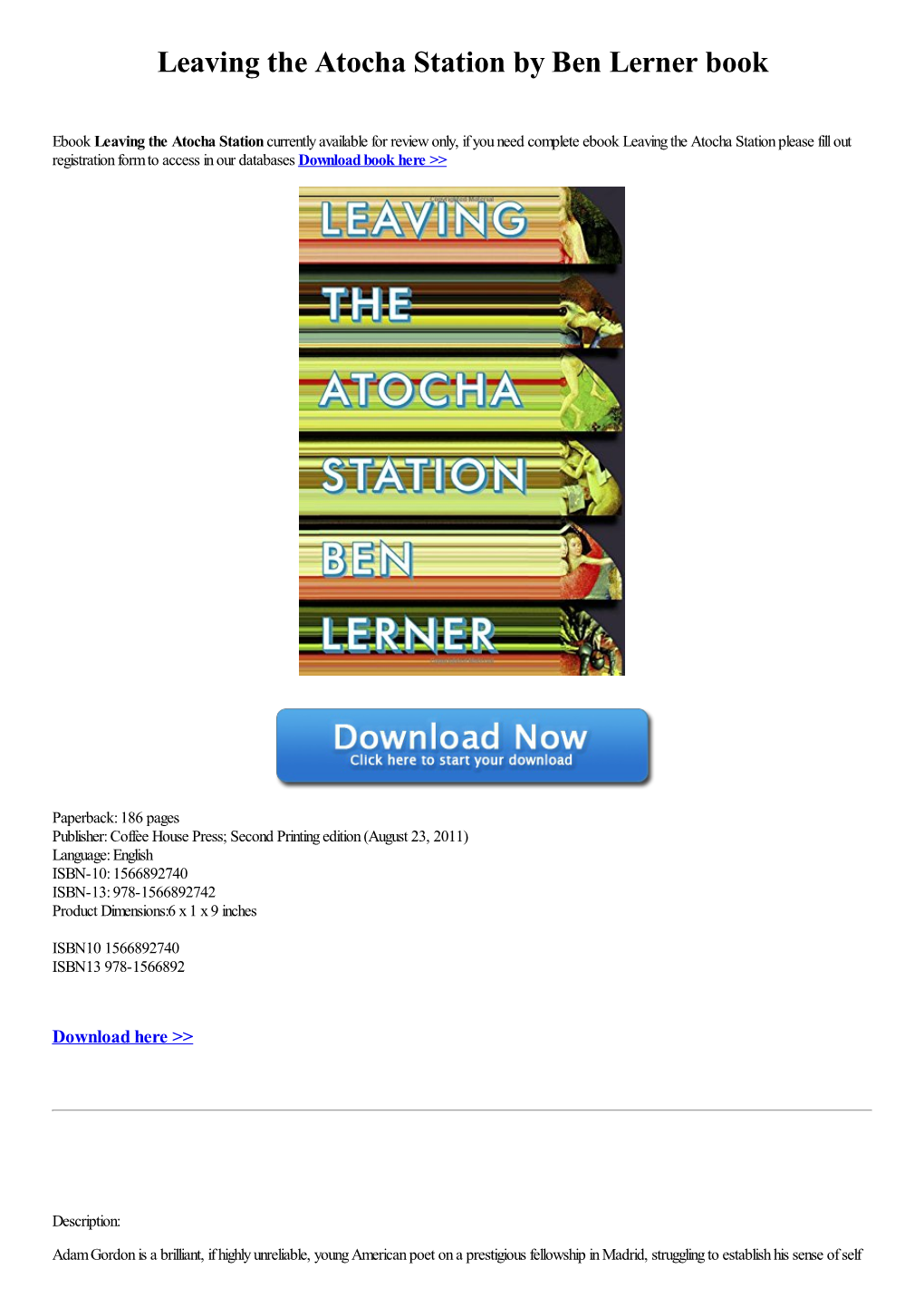 Leaving the Atocha Station by Ben Lerner Book