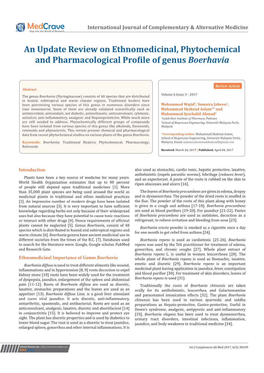 An Update Review on Ethnomedicinal, Phytochemical and Pharmacological Profile of Genus Boerhavia