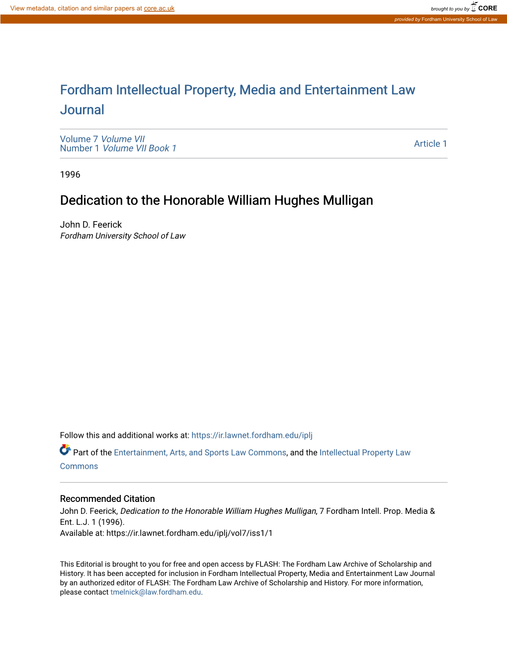 Dedication to the Honorable William Hughes Mulligan