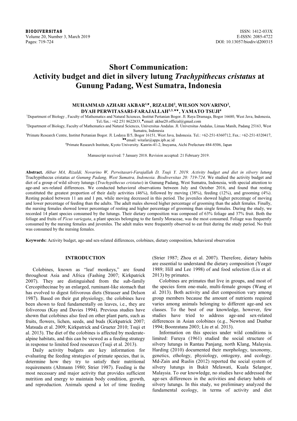 Activity Budget and Diet in Silvery Lutung Trachypithecus Cristatus at Gunung Padang, West Sumatra, Indonesia