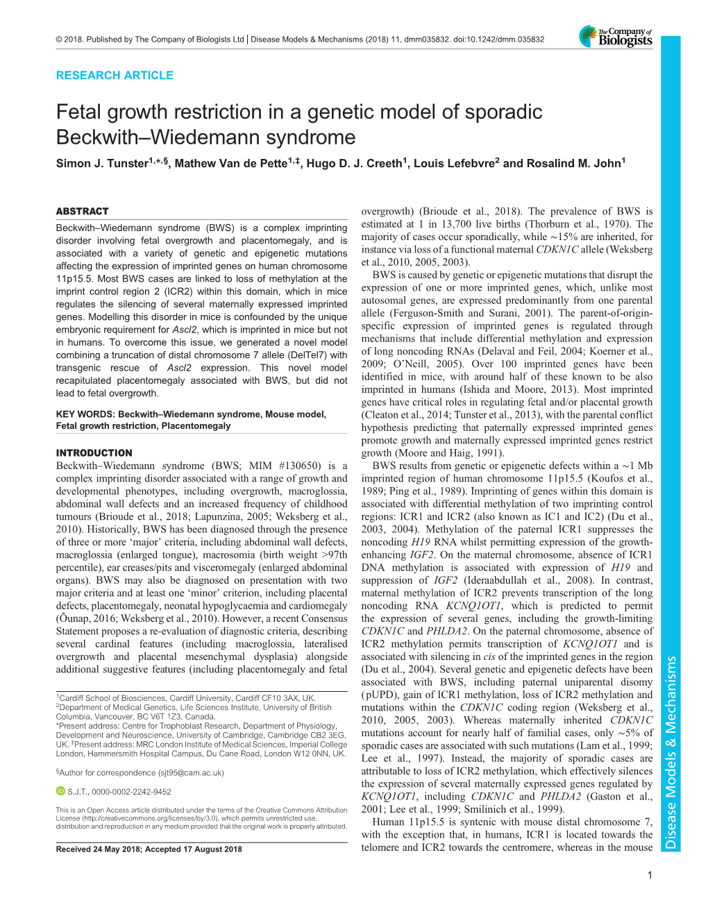 Fetal Growth Restriction in a Genetic Model of Sporadic Beckwith–Wiedemann Syndrome Simon J