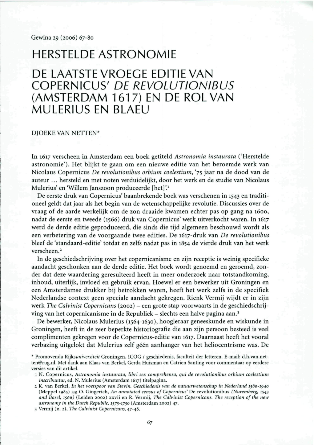 Herstelde Astronomie De Laatste Vroege Editie Van Copernicus' De Revolutionibus (Amsterdam 1617) En De Rolvan Mulerius En Blaeu