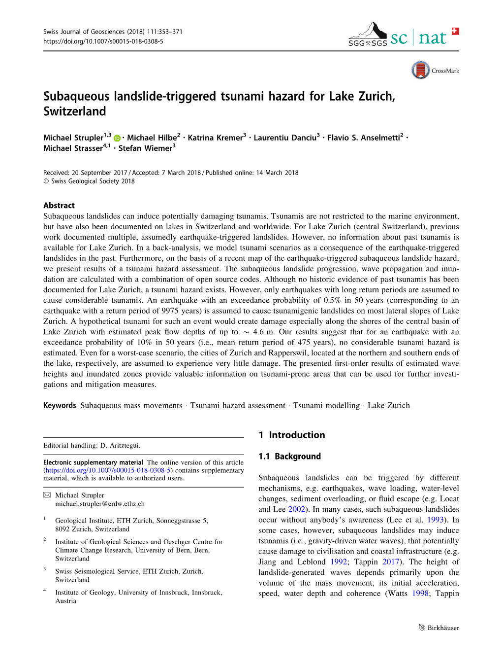 Subaqueous Landslide-Triggered Tsunami Hazard for Lake Zurich, Switzerland