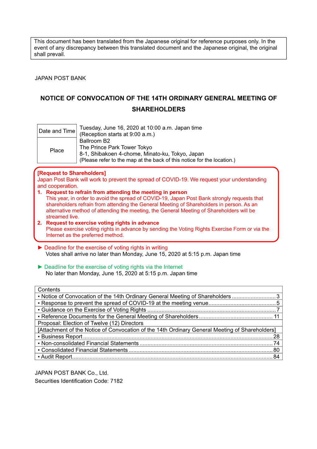 Notice of Convocation of the 14Th Ordinary General Meeting of Shareholders