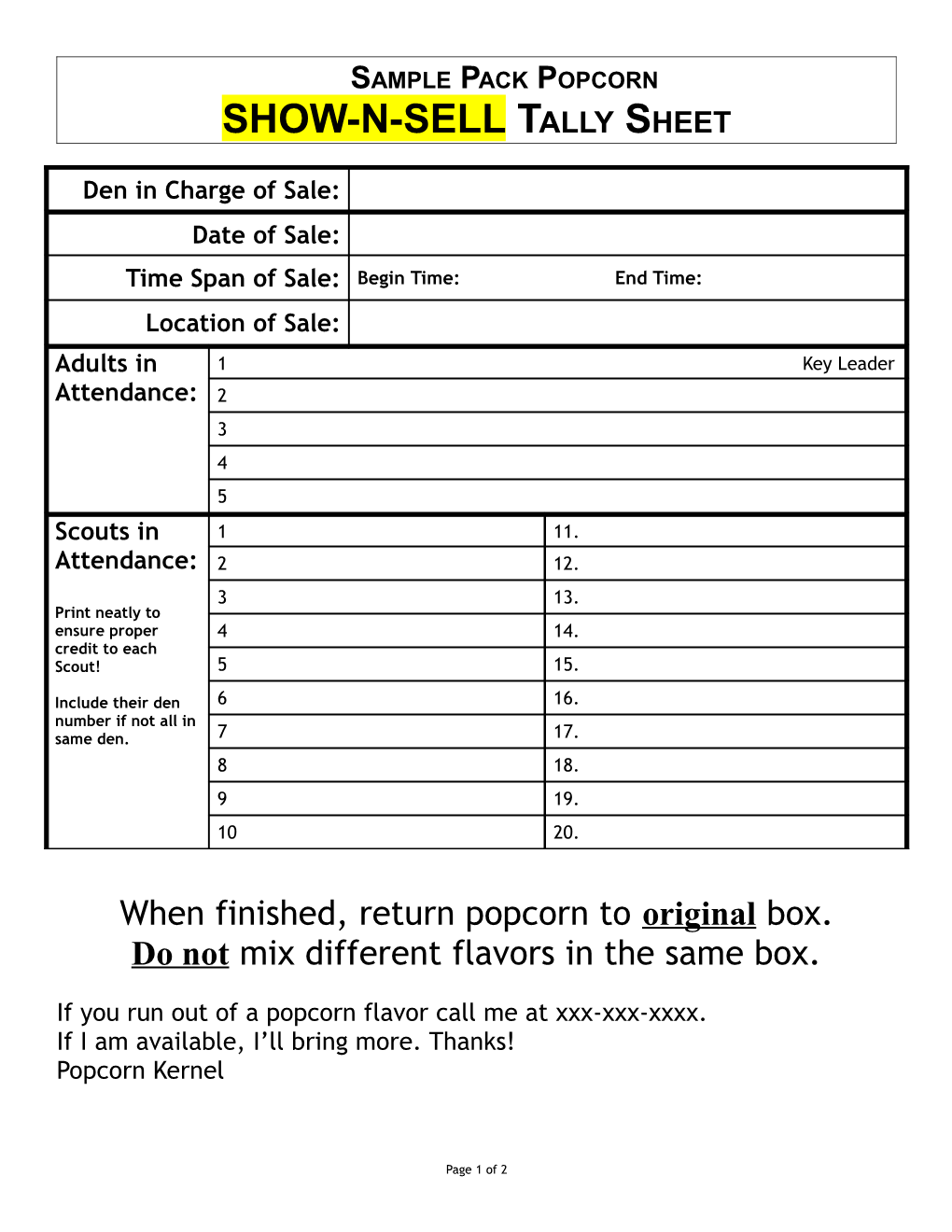 Pack 1776 Popcorn Show-N-Sell Tally Sheet