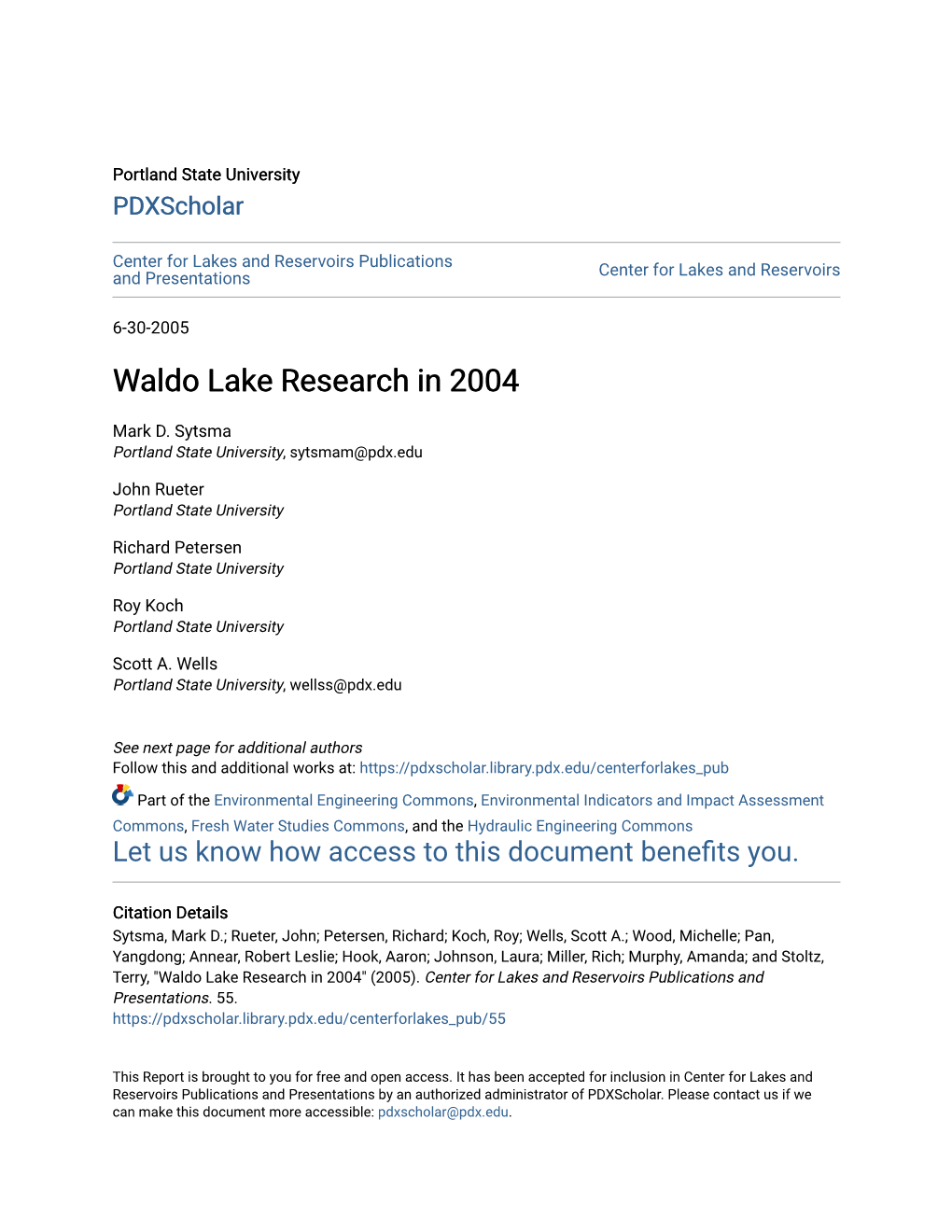 Waldo Lake Research in 2004