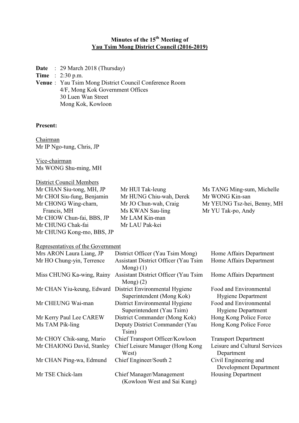 Minutes of the 15 Meeting of Yau Tsim Mong District Council