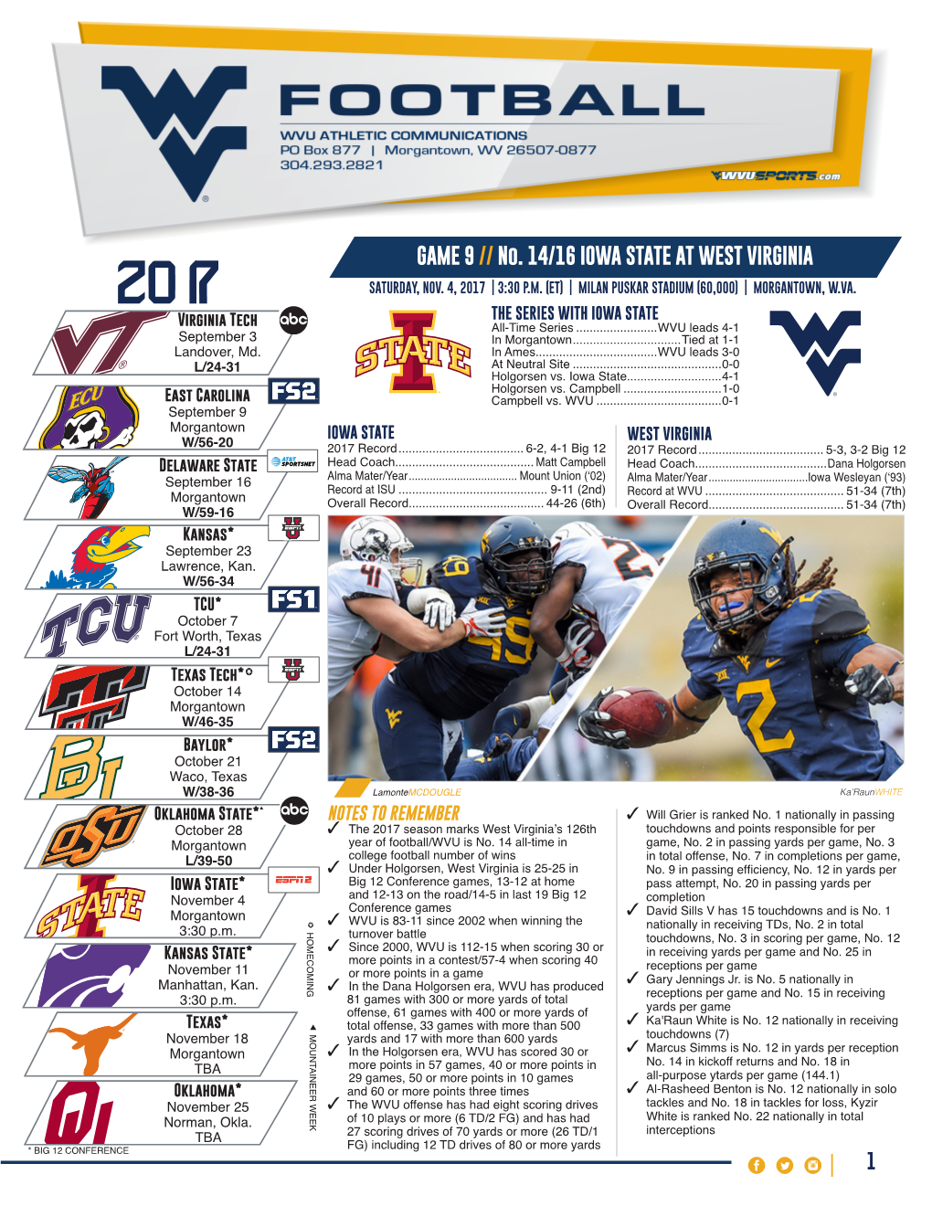 GAME 9 // No. 14/16 IOWA STATE at WEST VIRGINIA 2017 SATURDAY, NOV