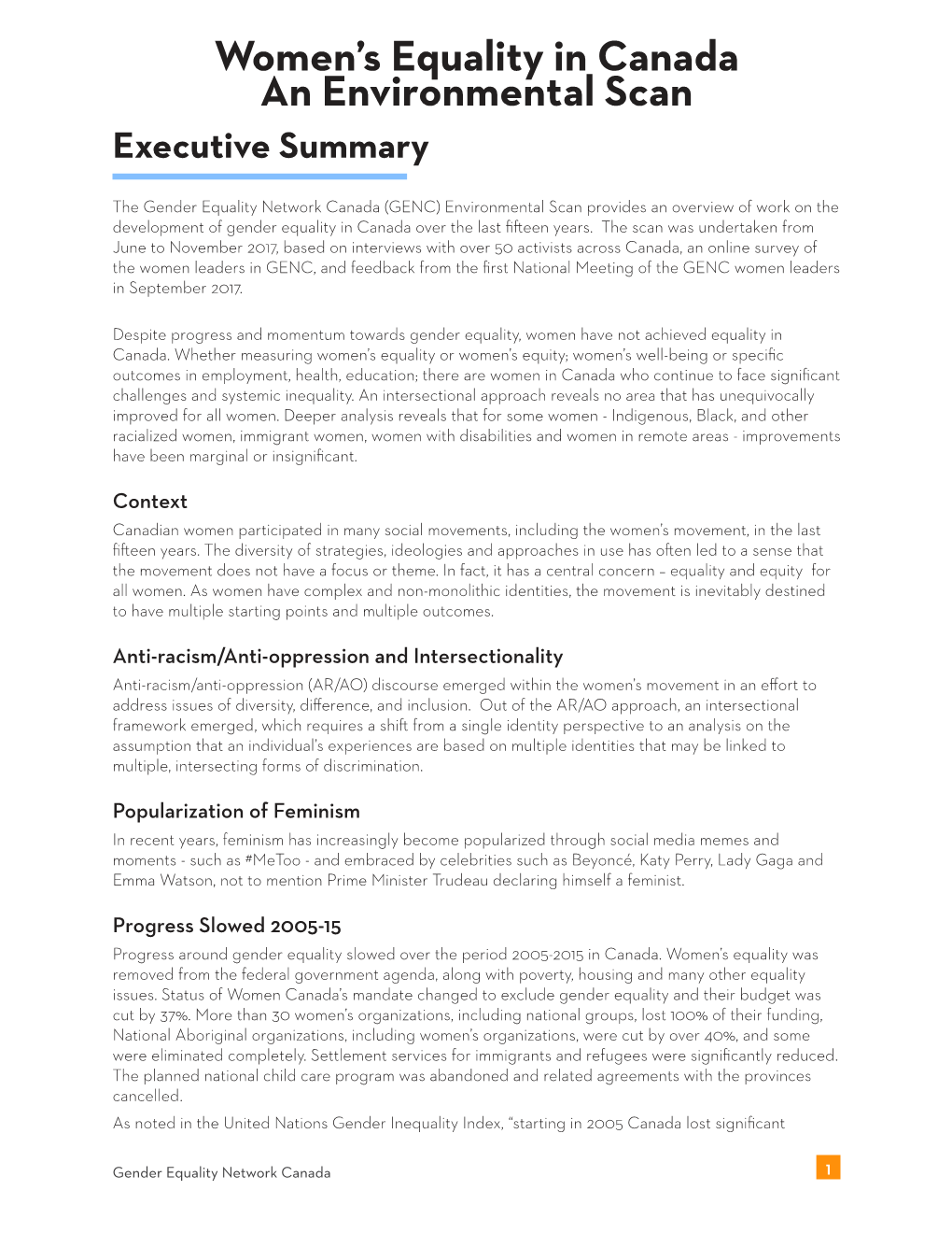 Women's Equality in Canada an Environmental Scan