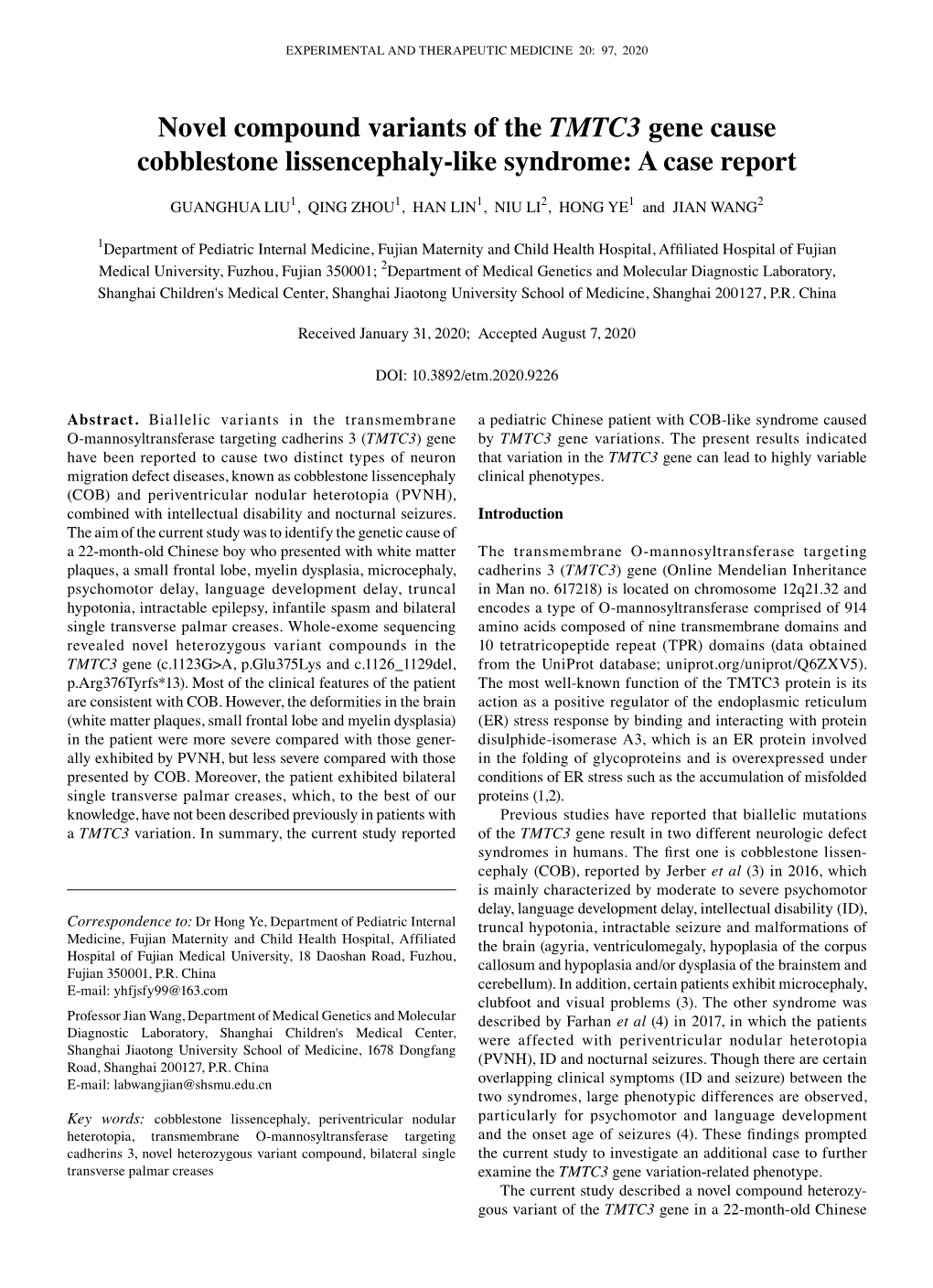 Novel Compound Variants of the TMTC3 Gene Cause Cobblestone Lissencephaly‑Like Syndrome: a Case Report