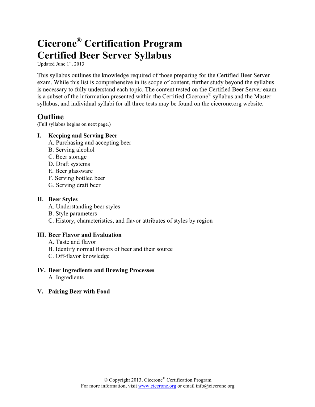 Cicerone Certification Program Certified Beer Server Syllabus