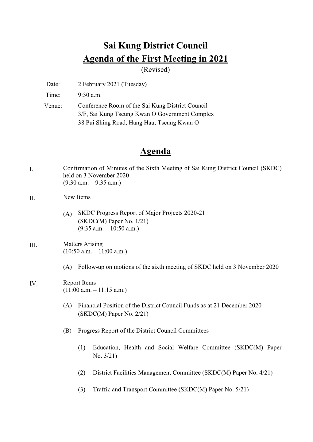 Sai Kung District Council Agenda of the First Meeting in 2021 Agenda