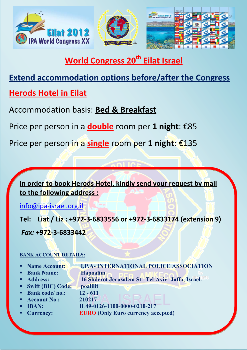 Eilat Israel Extend Accommodation Options Before/After the Congress