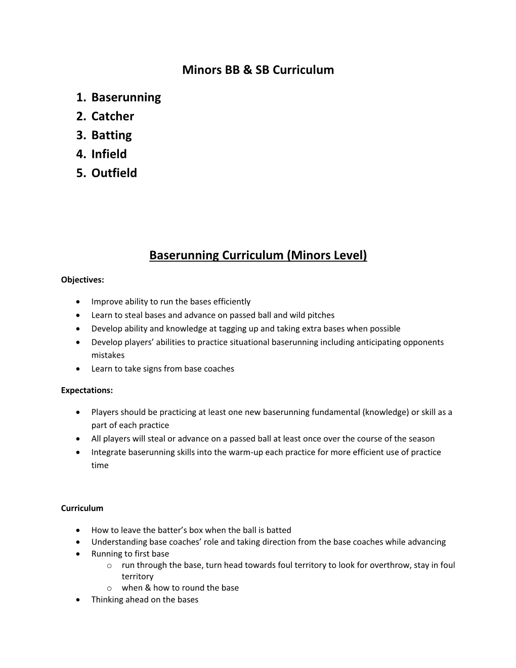 Minors BB & SB Curriculum 1. Baserunning 2. Catcher 3. Batting 4