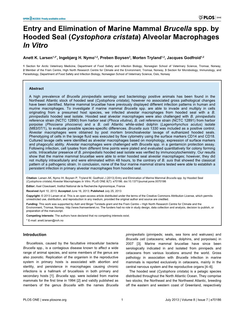 Entry and Elimination of Marine Mammal Brucella Spp. by Hooded Seal (Cystophora Cristata) Alveolar Macrophages in Vitro