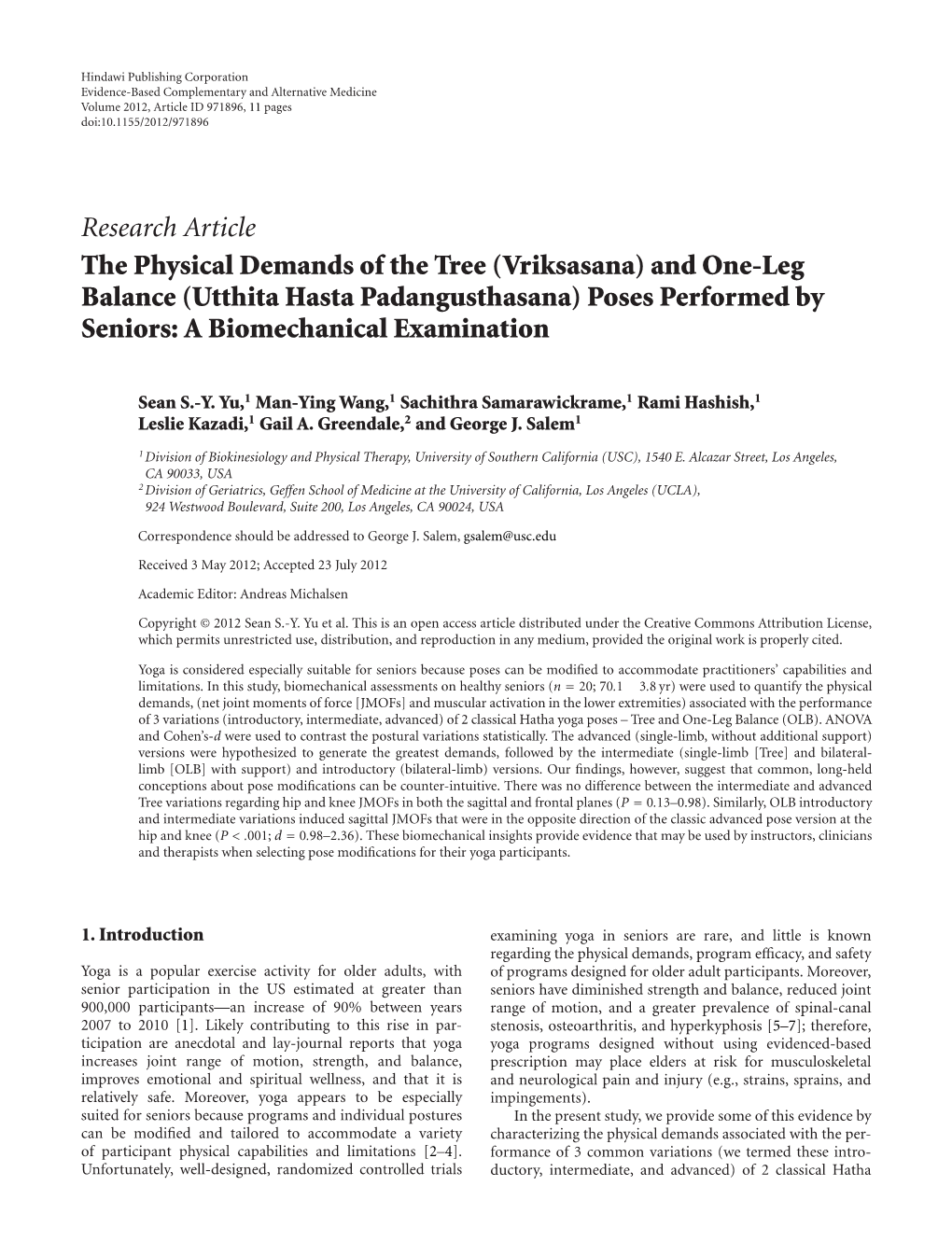 The Physical Demands of the Tree (Vriksasana) and One-Leg Balance (Utthita Hasta Padangusthasana) Poses Performed by Seniors: a Biomechanical Examination