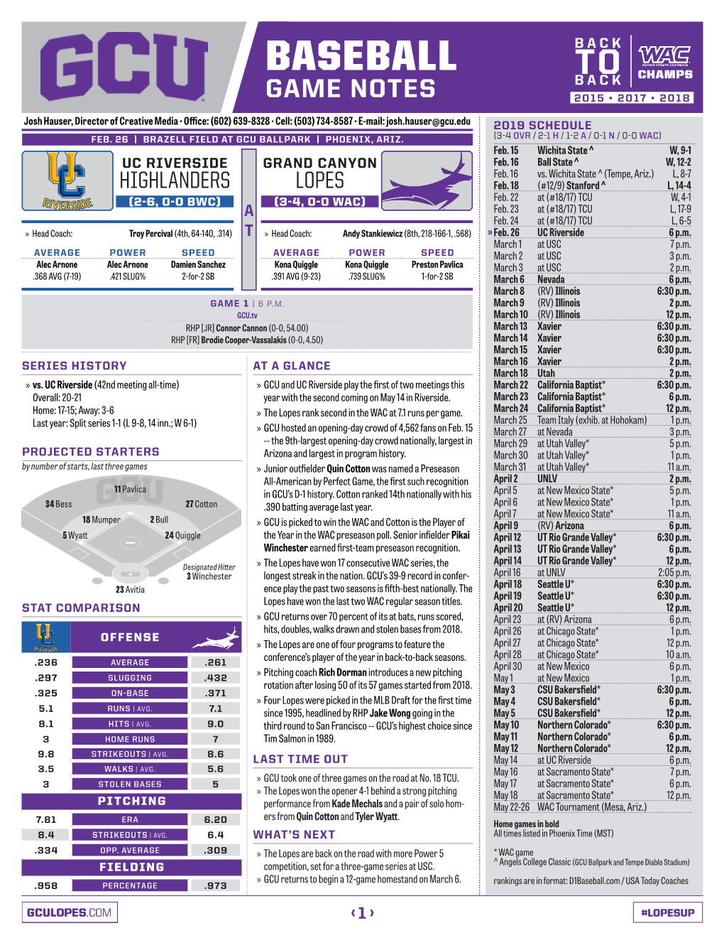 Baseball to Back Champs Game Notes 2015 • 2017 • 2018