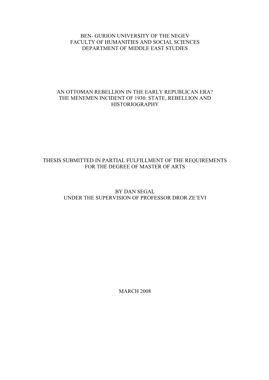 Gurion University of the Negev Faculty of Humanities and Social Sciences Department of Middle East Studies