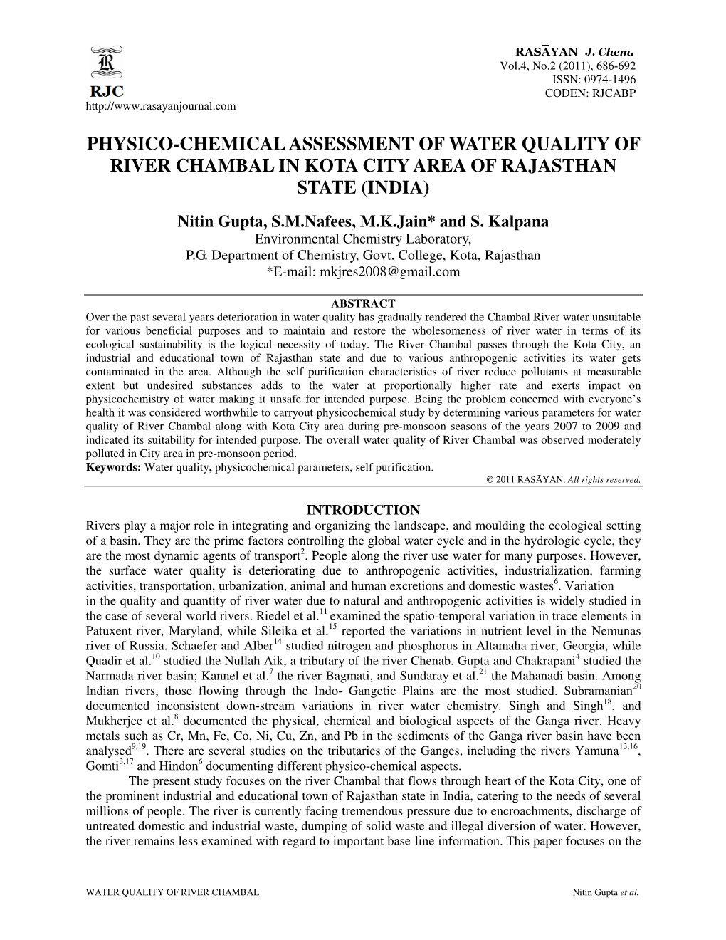 Physico-Chemical Assessment of Water Quality of River Chambal in Kota City Area of Rajasthan State (India)