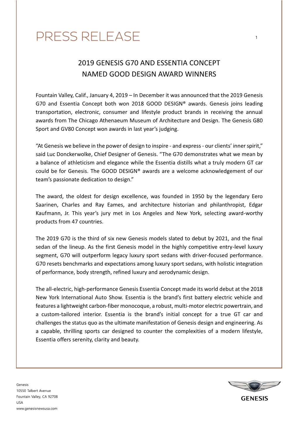 2019 Genesis G70 and Essentia Concept Named Good Design Award Winners