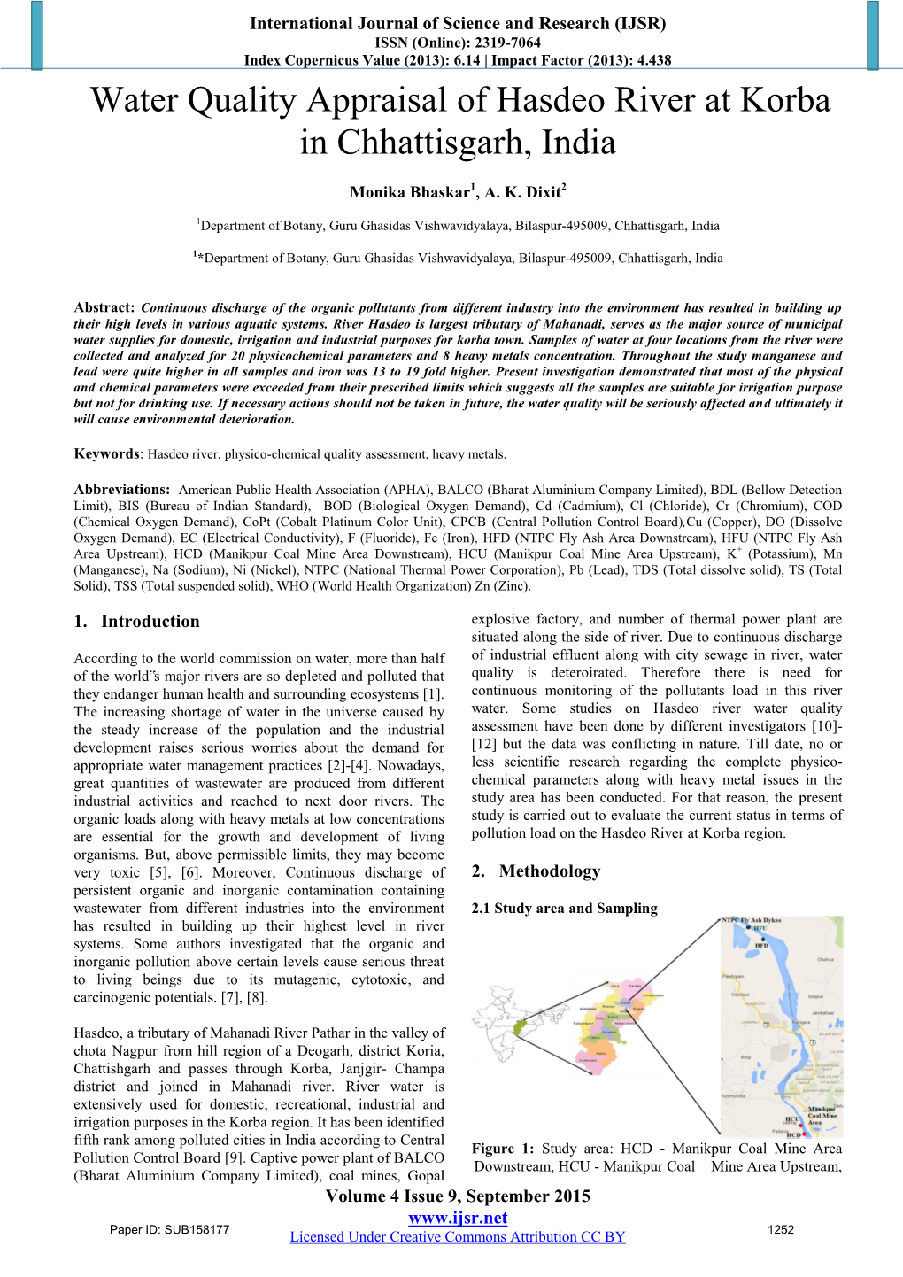 Water Quality Appraisal of Hasdeo River at Korba in Chhattisgarh, India