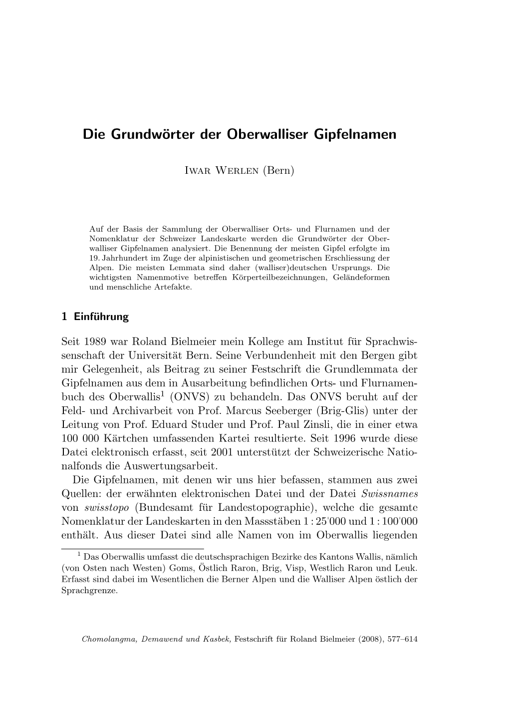 Die Grundwörter Der Oberwalliser Gipfelnamen