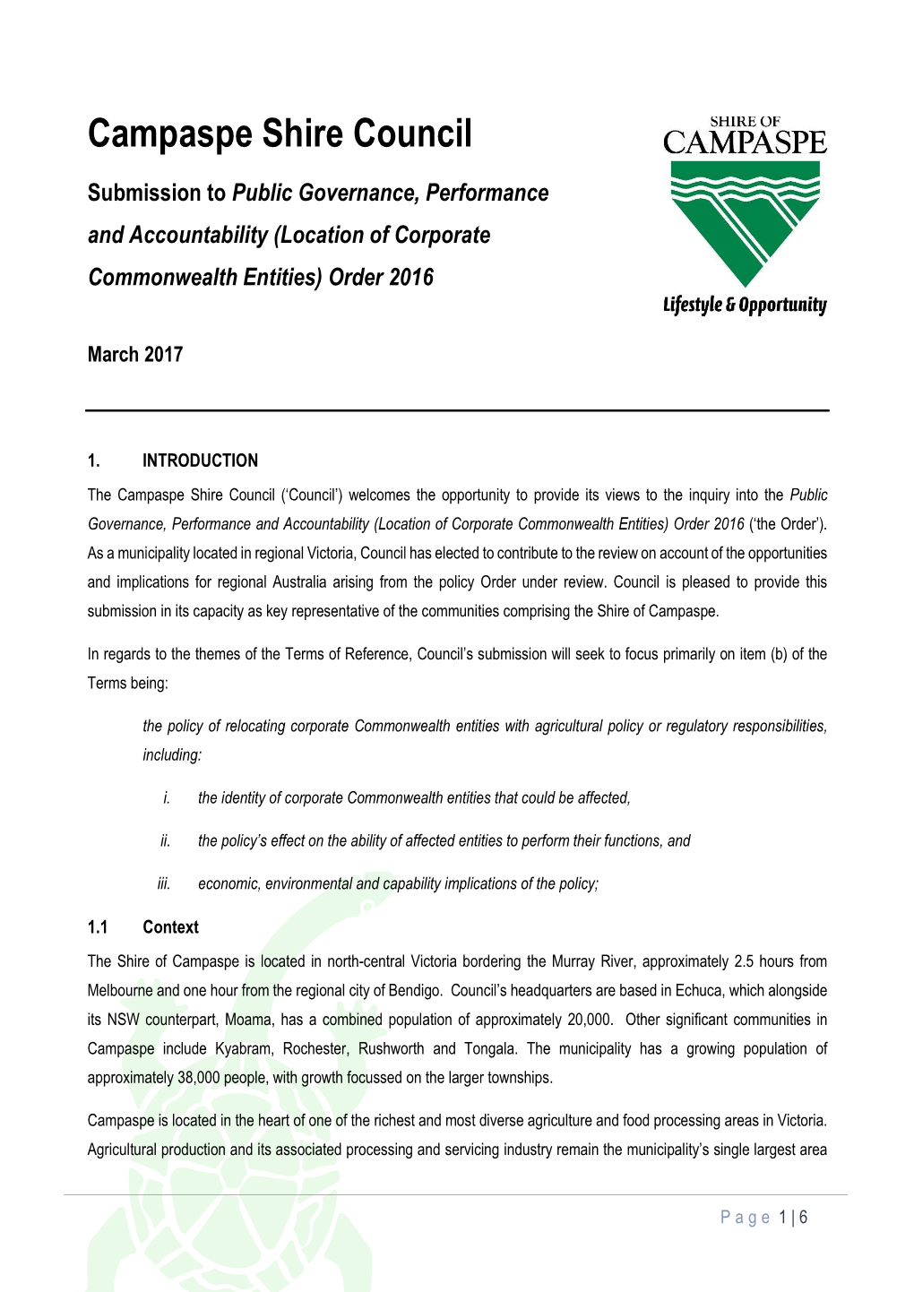 Campaspe Shire Council Submission to Public Governance, Performance and Accountability (Location of Corporate Commonwealth Entities) Order 2016