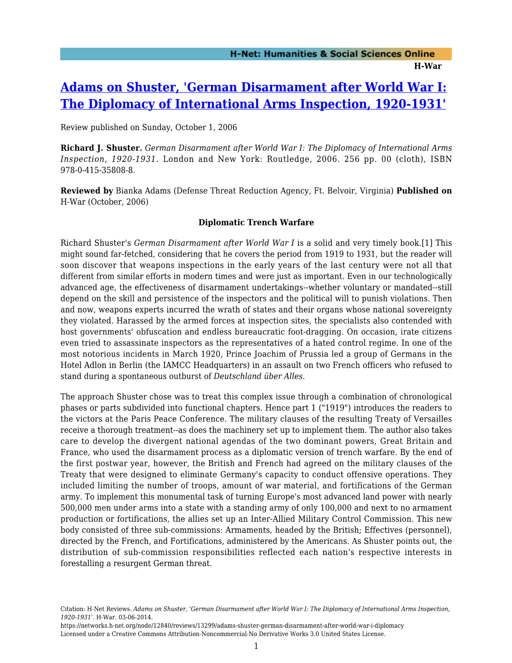 German Disarmament After World War I: the Diplomacy of International Arms Inspection, 1920-1931'