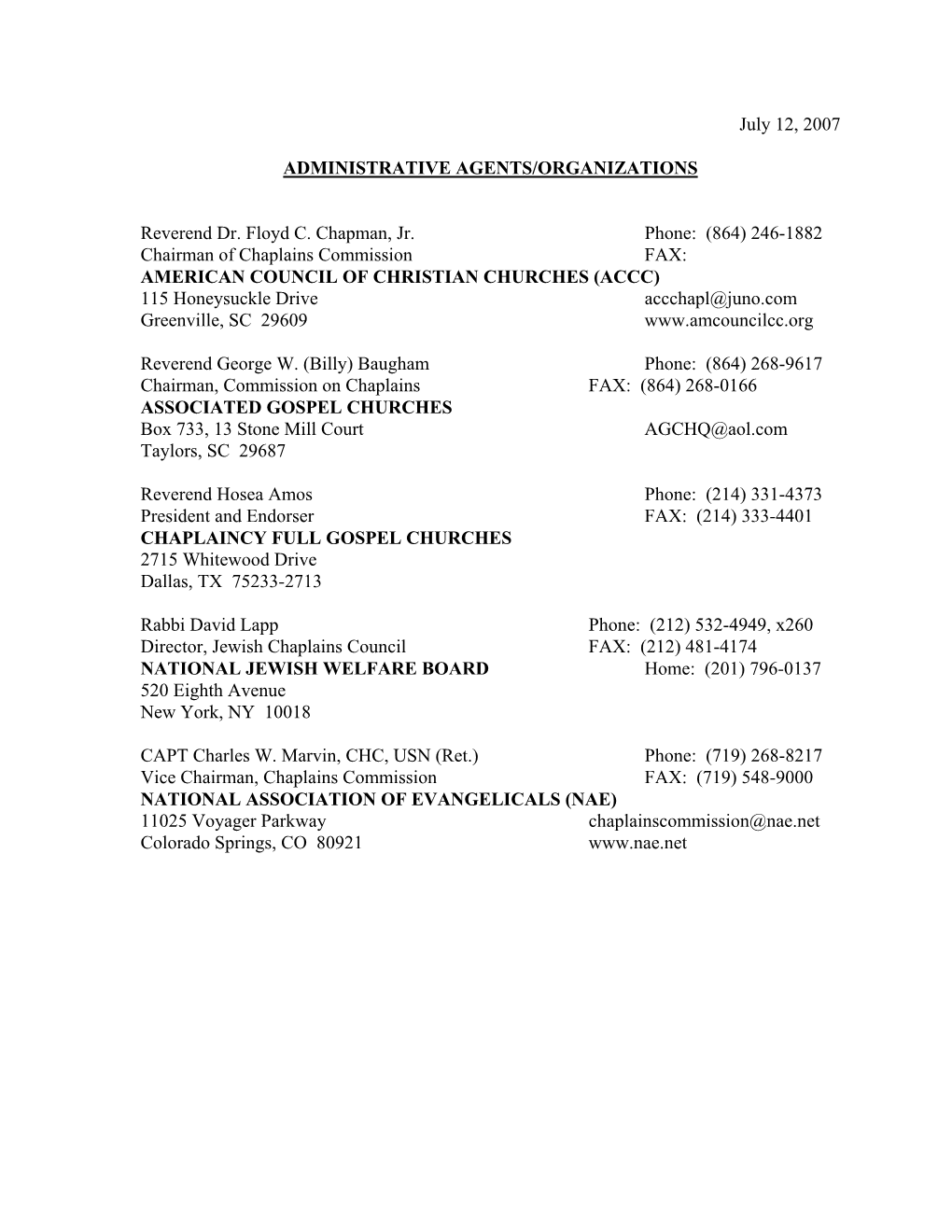 Approved Listing of Ecclesiastical Endorsers by the Armed Forces