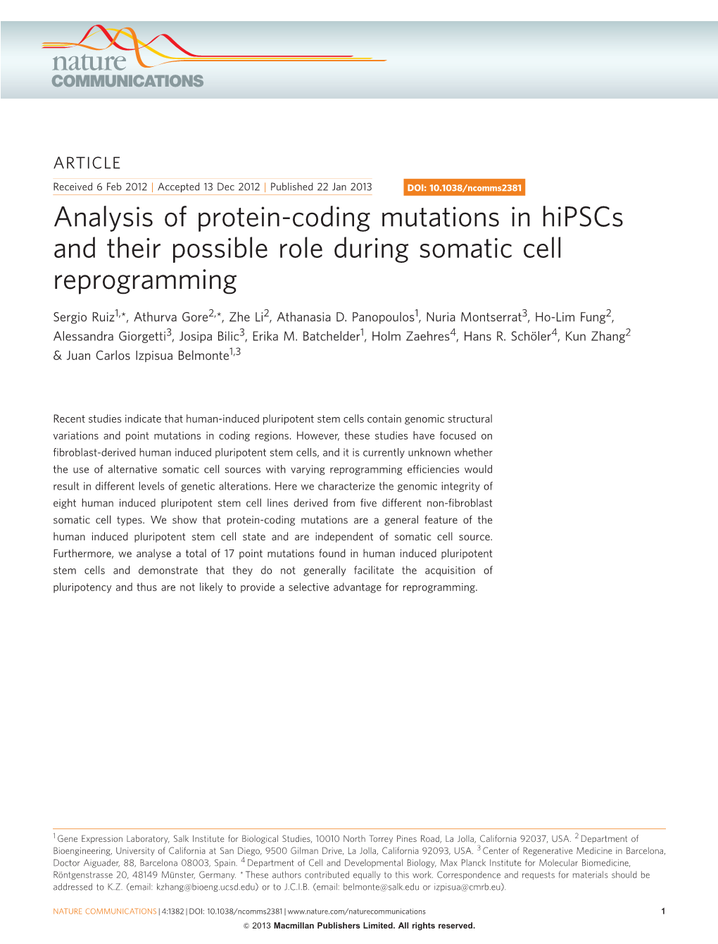 Analysis of Protein-Coding Mutations in Hipscs and Their Possible Role During Somatic Cell Reprogramming