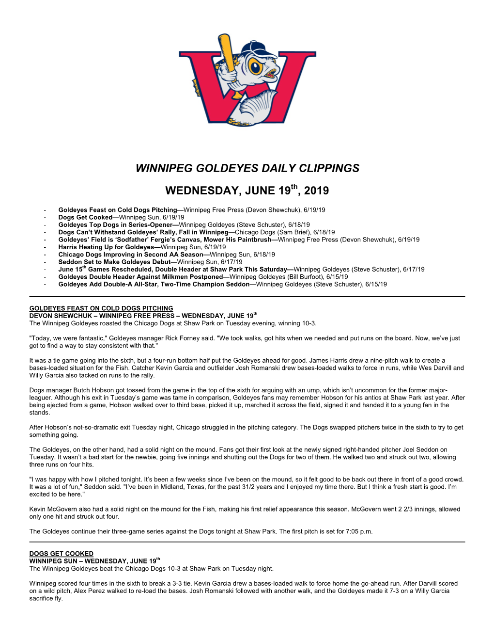 Winnipeg Goldeyes Daily Clippings Wednesday, June