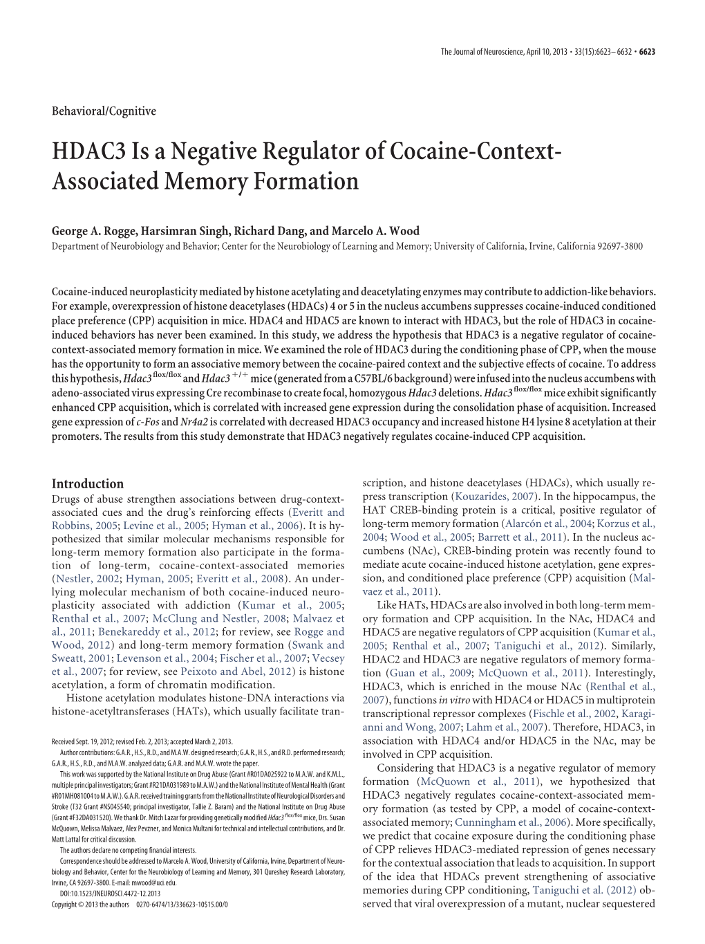 HDAC3 Is a Negative Regulator of Cocaine-Context- Associated Memory Formation