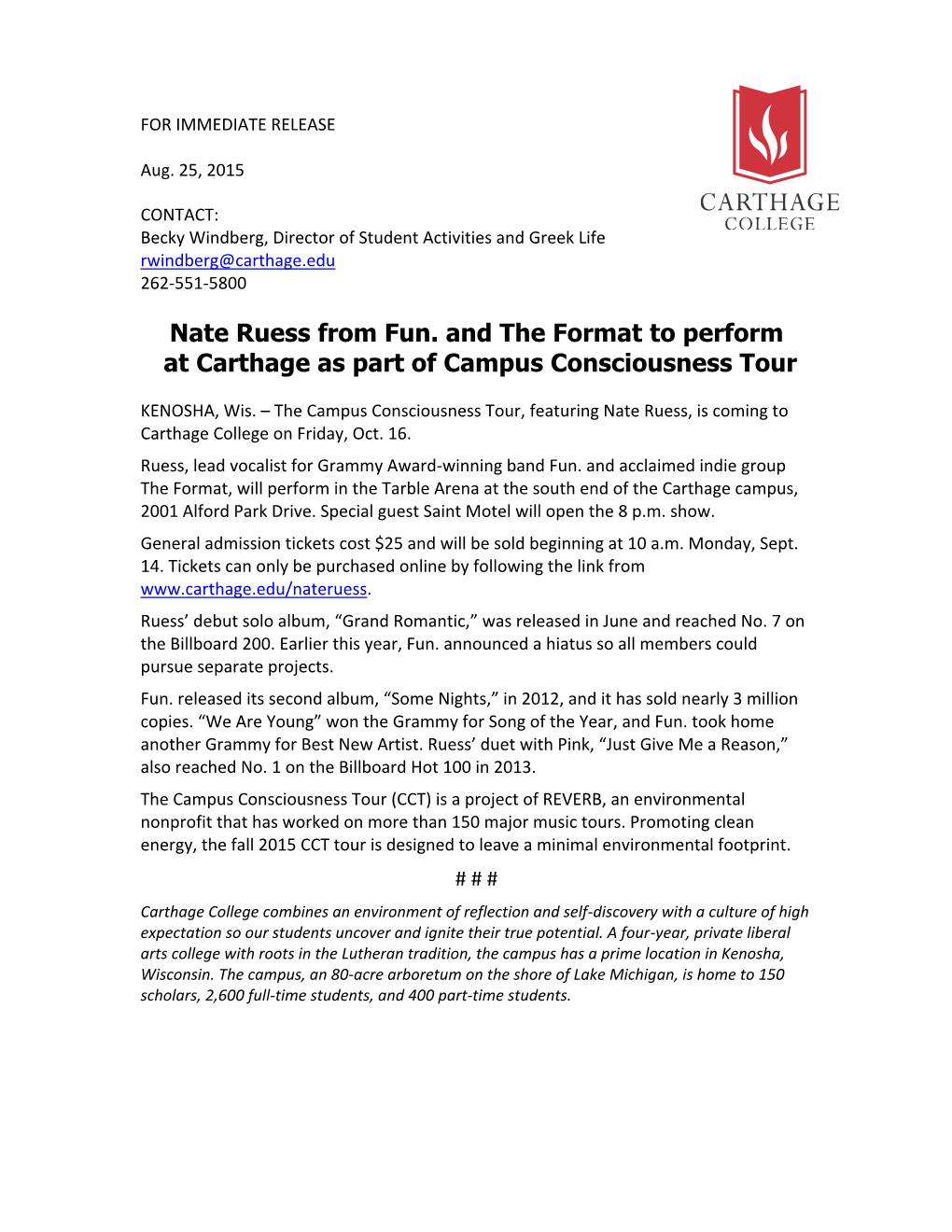 Nate Ruess from Fun. and the Format to Perform at Carthage As Part of Campus Consciousness Tour