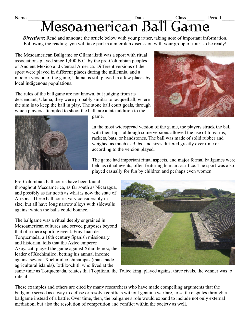 Mesoamerican Ball Game Directions: Read and Annotate the Article Below with Your Partner, Taking Note of Important Information