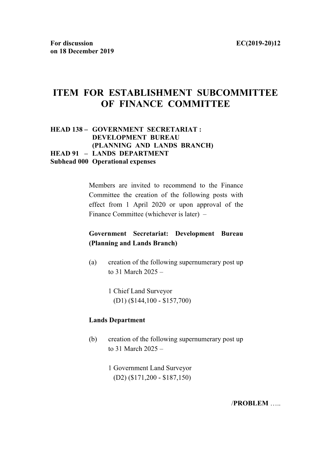 Item for Establishment Subcommittee of Finance Committee