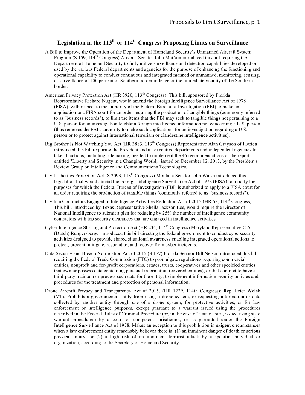 Proposals to Limit Surveillance, P. 1 Legislation in the 113Th Or 114Th