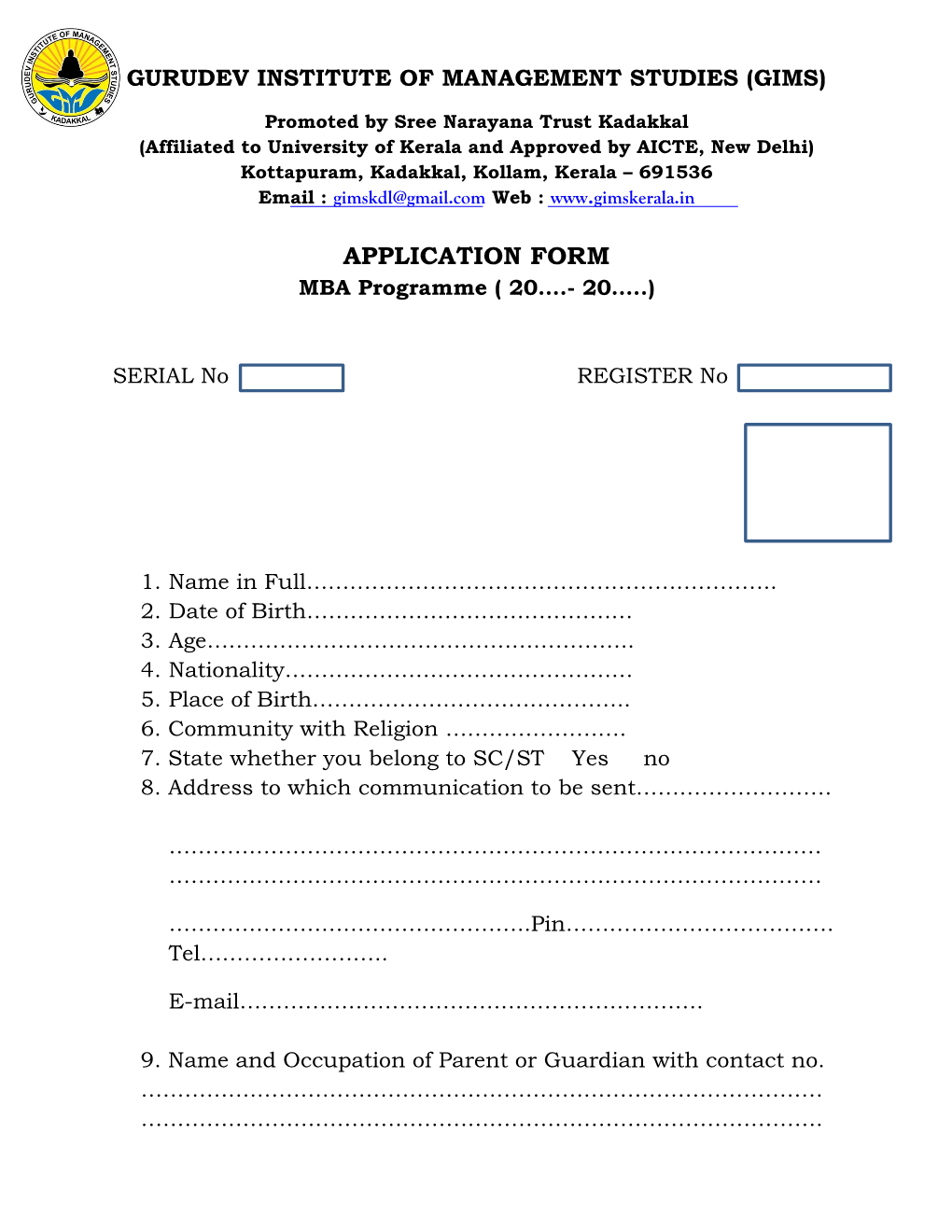 APPLICATION FORM MBA Programme ( 20….- 20…..)