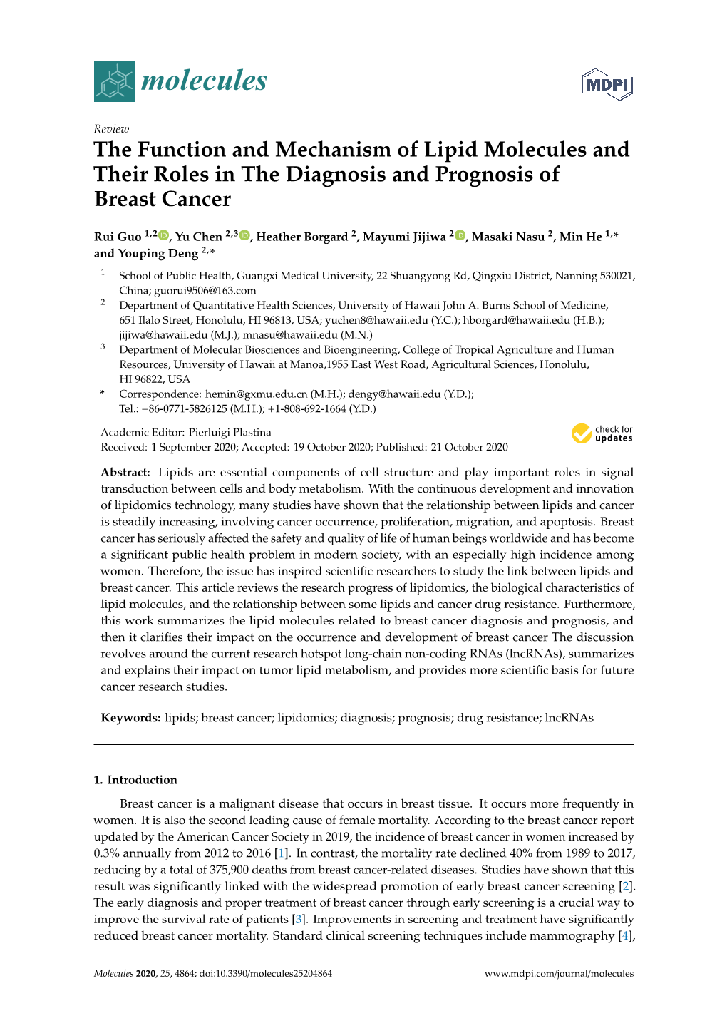 The Function and Mechanism of Lipid Molecules and Their Roles in the Diagnosis and Prognosis of Breast Cancer