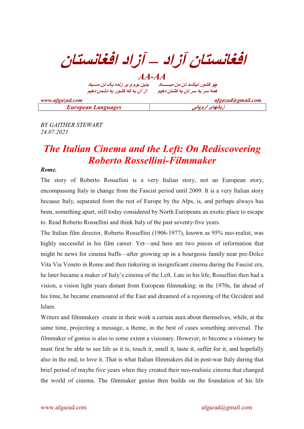 The Italian Cinema and the Left: on Rediscovering Roberto Rossellini-Filmmaker Rome