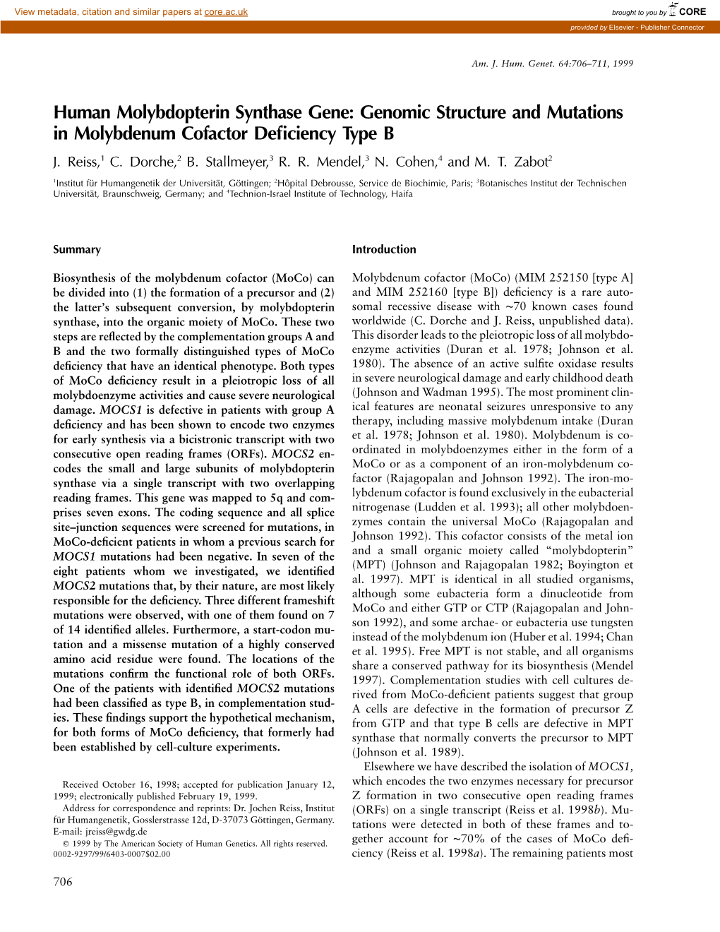 Genomic Structure and Mutations in Molybdenum Cofactor Deﬁciency Type B J