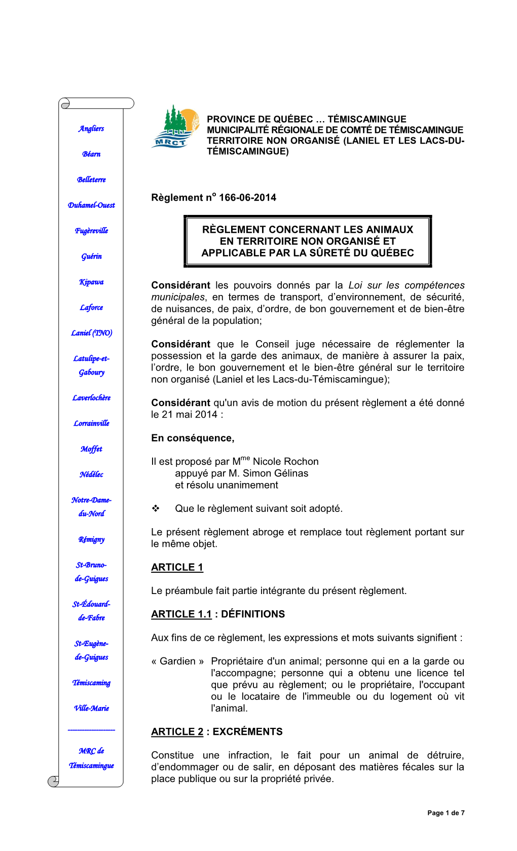 Règlement No 166-06-2014 Duhamel-Ouest