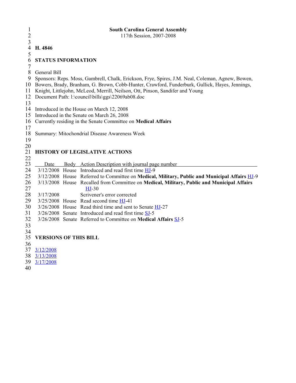 2007-2008 Bill 4846: Mitochondrial Disease Awareness Week - South Carolina Legislature Online