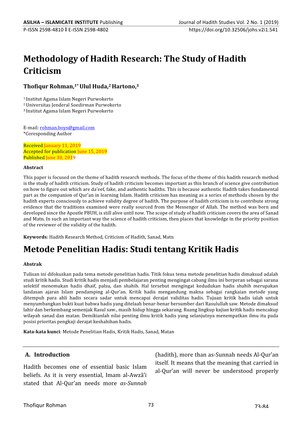 Methodology of Hadith Research: the Study of Hadith Criticism Metode Penelitian Hadis