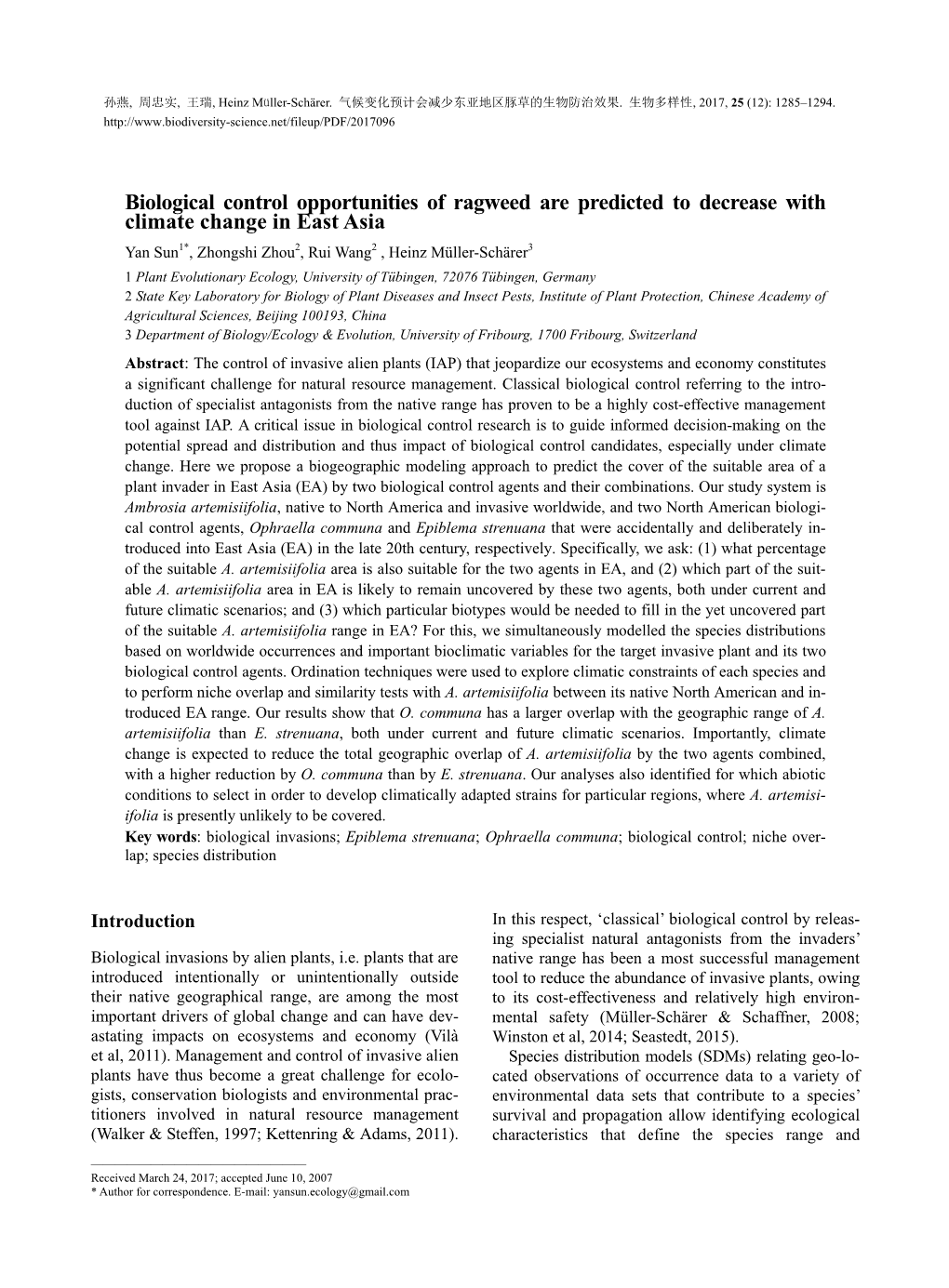 Biological Control Opportunities of Ragweed Are Predicted to Decrease