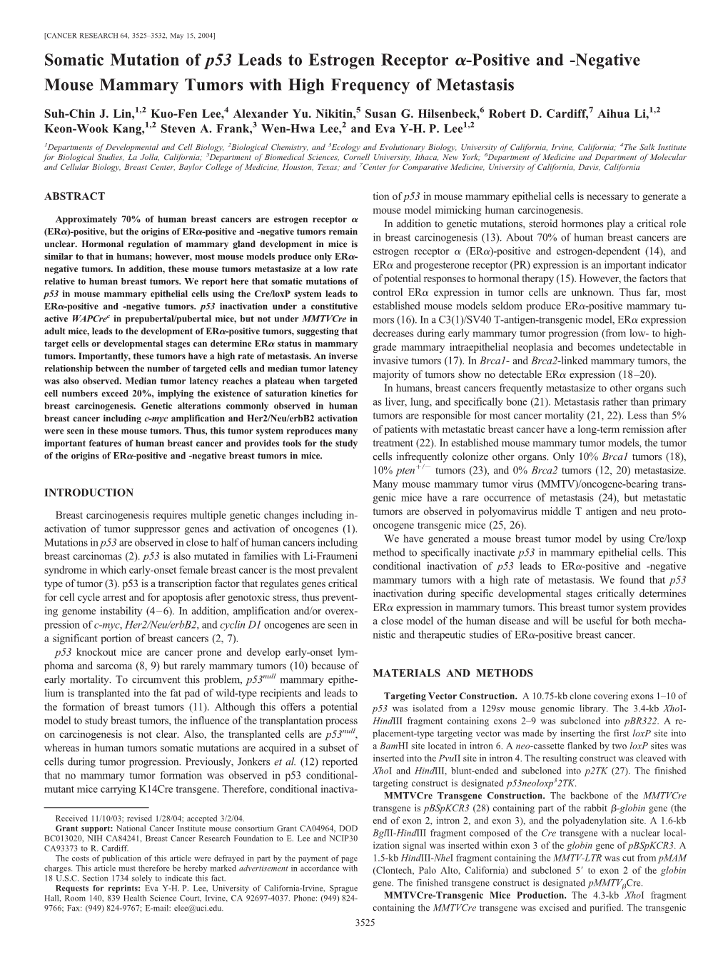 Somatic Mutation of P53 Leads to Estrogen Receptor Alpha-Positive