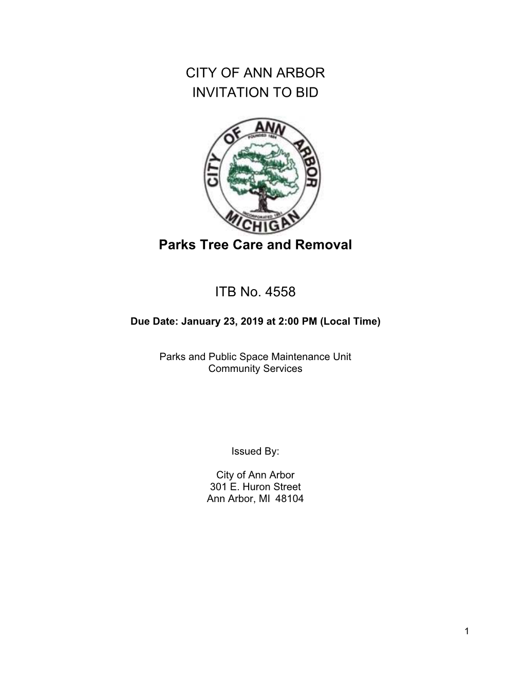 CITY of ANN ARBOR INVITATION to BID Parks Tree Care and Removal